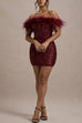 Margovil Off Shoulder Feather Trim Sequin Mini Party Dress