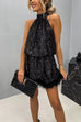 Margovil Halter Sleeveless Feather Hem Sequin Dress