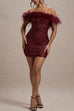 Margovil Off Shoulder Feather Trim Sequin Mini Party Dress