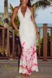 Margovil Halter V Neck Backless Ruched Flower Print Maxi Dress