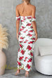 Off Shoulder Ruched Slit Rose Print Bodycon Maxi Dress