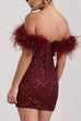 Margovil Off Shoulder Feather Trim Sequin Mini Party Dress