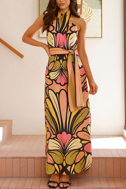 Criss Cross Halter Backless Floral Print Maxi Dress