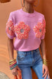 Margovil Crewneck Short Sleeves 3D Flower Sweater Top