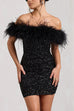 Margovil Off Shoulder Feather Trim Sequin Mini Party Dress