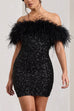 Margovil Off Shoulder Feather Trim Sequin Mini Party Dress