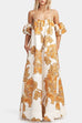 Cold Shoulder Puff Sleeves Sunshine Bloom Print Maxi Dress