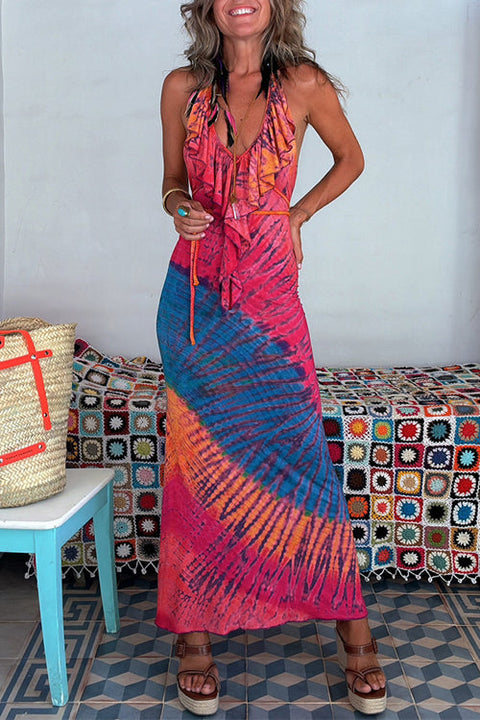 Margovil Ruffle Trim Halter Lace-up Backless Tie Dye Maxi Dress