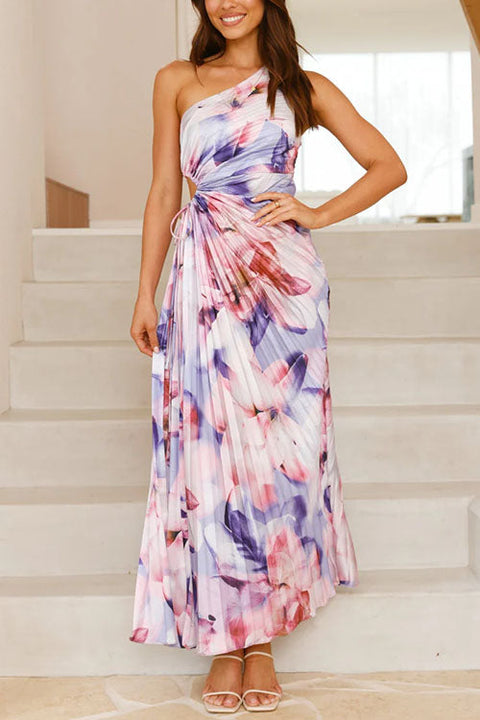 Margovil One Shoulder Sleeveless Cut Out Floral Print Pleated Maxi Dress