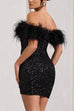 Margovil Off Shoulder Feather Trim Sequin Mini Party Dress