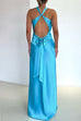 V Neck Twist Front Tie Bow Backless Satin Maxi Dress