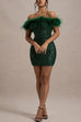 Margovil Off Shoulder Feather Trim Sequin Mini Party Dress