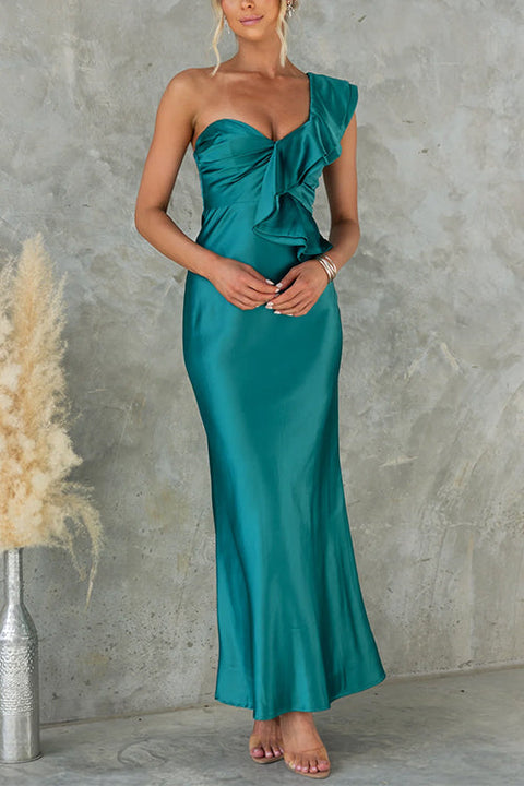 Ruffle One Shoulder Sleeveless Maxi Satin Dress