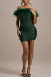 Margovil Off Shoulder Feather Trim Sequin Mini Party Dress