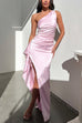 Margovil One Shoulder High Slit Satin Maxi Party Dress