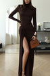 Margovil Turtleneck Ruched High Slit Maxi Party Dress