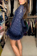 Margovil Stand Collar Feather Trim Sequin Mini Party Dress