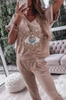 Margovil Sequin Pattern V Neck Short Sleeve Top with Pocketed Pants Casual Set