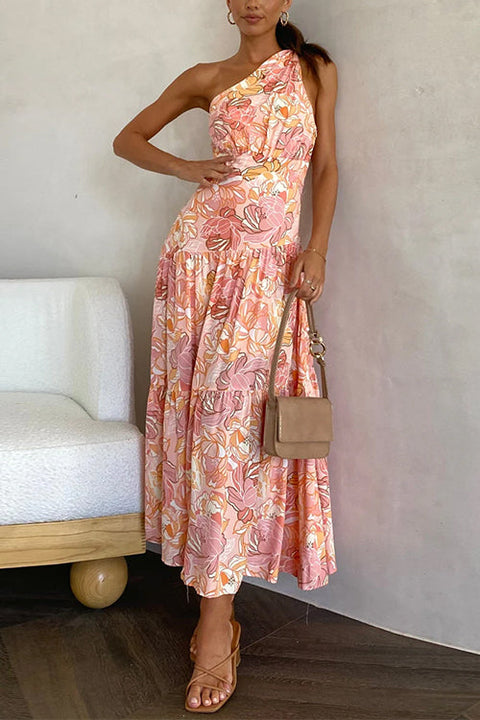 One Shoulder Ruffle Tiered Floral Print Maxi Dress