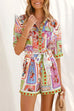 Short Sleeves Button Up Tie Waist Aztec Print Romper