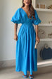 Elegant V Neck High Waist Ruched Swing Maxi Dress