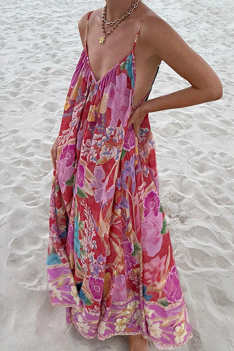 Margovil V Neck Spaghetti Strap Backless Floral Print Maxi Vacation Dress