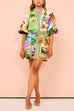 Margovil Lantern Sleeves Tie Waist Cotton Linen Resort Print Shirt Dress