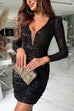 Margovil Mesh V Neck Ruched Sequin Bodycon Mini Party Dress