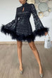 Margovil Stand Collar Feather Trim Sequin Mini Party Dress