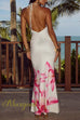 Margovil Halter V Neck Backless Ruched Flower Print Maxi Dress