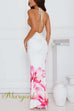 Margovil Halter V Neck Backless Ruched Flower Print Maxi Dress