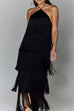 Margovil Chicest Halter Ruffle Layered Fringe Maxi Party Dress