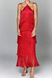 Margovil Chicest Halter Ruffle Layered Fringe Maxi Party Dress