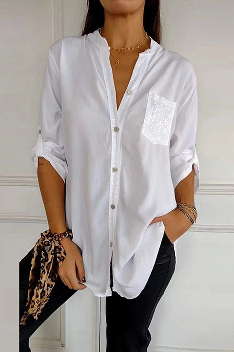 Margovil Rolled Up Sleeves Button Down Sequin Splice Blouse Shirt