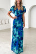 V Neck Ruffle Short Sleeves Lagoon Print Maxi Dress