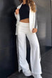 Margovil Color Block Open Front Blazer Elastic Waist Slit Wide Leg Pants Set