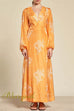 V Neck Balloon Sleeves Tie Back Print Wrap Maxi Dress