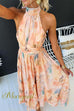 Halter Bow Neck Backless Beck Print Swing Maxi Dress