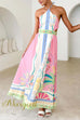 Halter Lace-up Backless Rio Print Maxi Dress