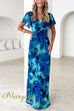 V Neck Ruffle Short Sleeves Lagoon Print Maxi Dress