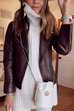 Margovil Vintage Lapel Zip Up Faux Leather Moto Jacket