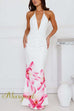 Margovil Halter V Neck Backless Ruched Flower Print Maxi Dress