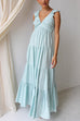 Margovil V Neck Ruffle Trim Tiered Sleeveless Linen Maxi Dress