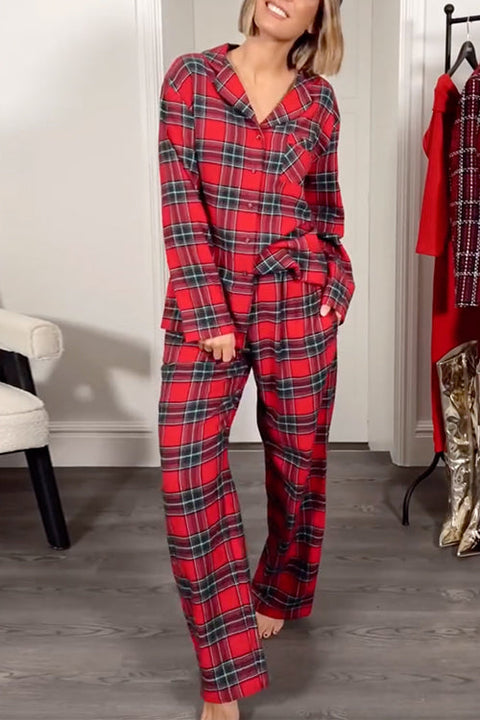 Christmas Plaid Long Sleeves Button Down Shirt and Straight Leg Pants Pajama Set