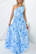 One Shoulder Drawstring Cut Out Pleated Swing Maxi Print Dress