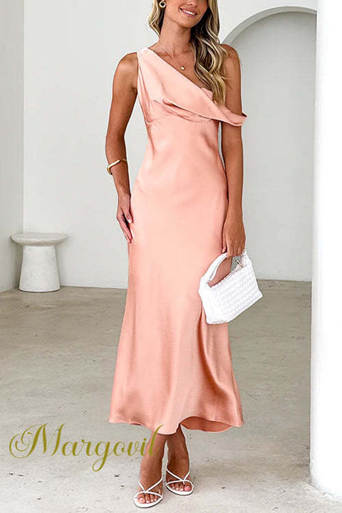 One Shoulder Solid Midi Party Dress