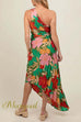 Margovil One Shoulder Cut Out Asymmetric Hem Floral Print Pleated Maxi Dress