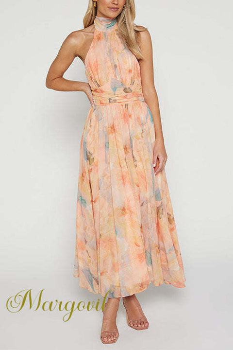 Halter Bow Neck Backless Beck Print Swing Maxi Dress