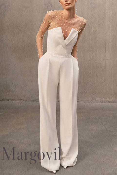 V Neck Strapless Pocketed Wide Leg Jumpsuit