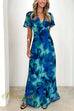 V Neck Ruffle Short Sleeves Lagoon Print Maxi Dress